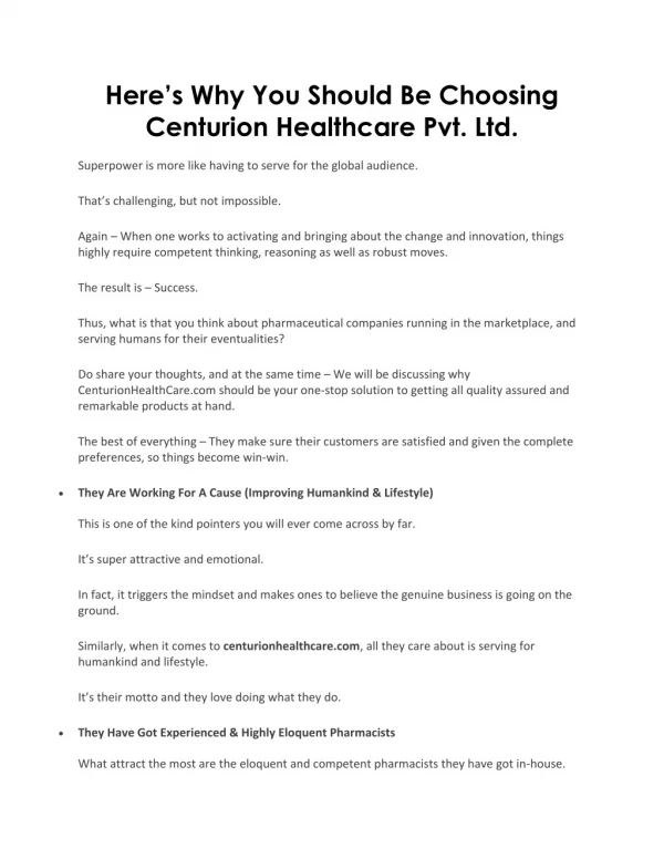 Here’s Why You Should Be Choosing Centurion Healthcare Pvt. Ltd.