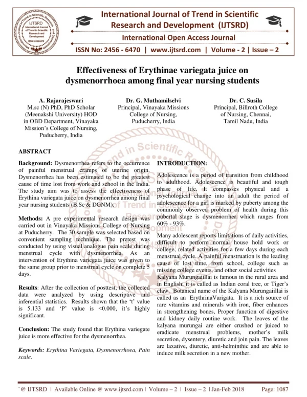 Effectiveness of Erythinae variegata juice on dysmenorrhoea among final year nursing students