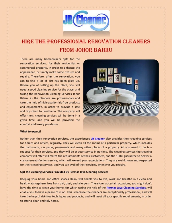 Hire the Professional Renovation Cleaners from Johor Bahru