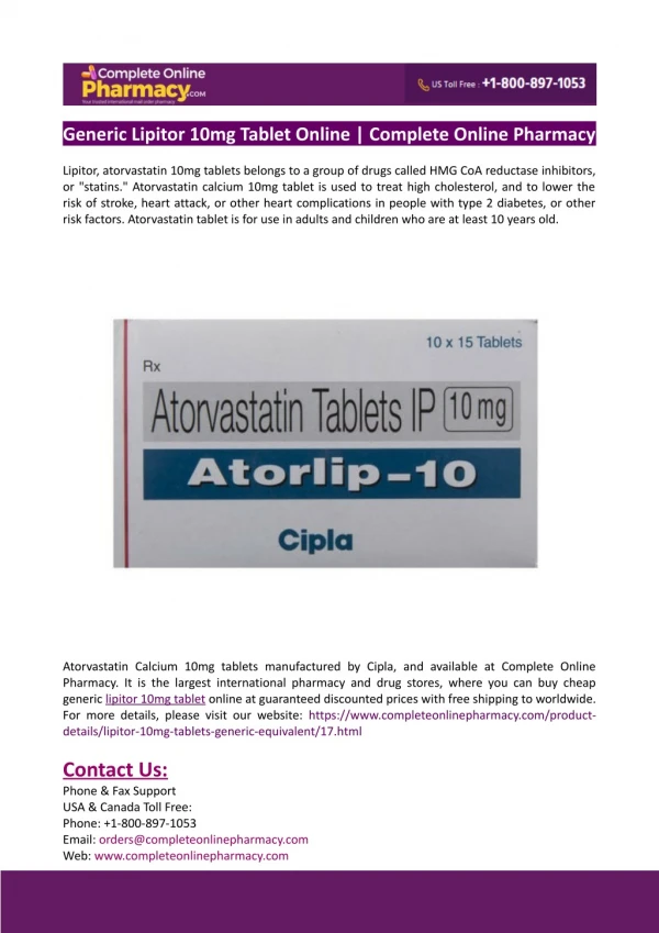 Generic Lipitor 10mg Tablet Online