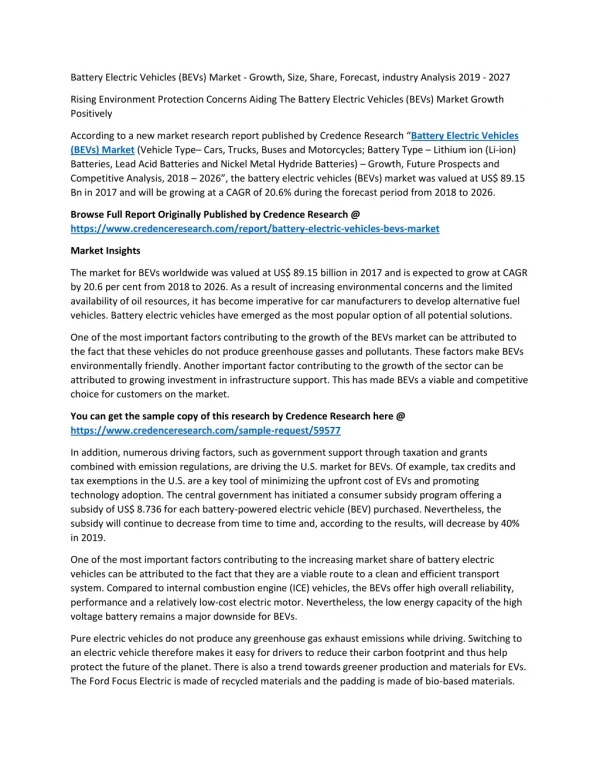 Battery Electric Vehicles (BEVs) Market - Growth, Size, Share, Forecast, industry Analysis 2019 - 2027