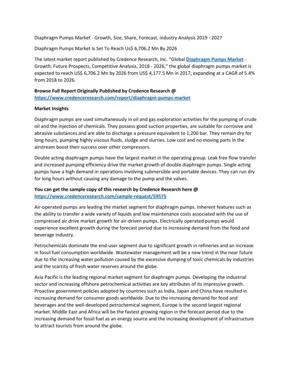 Diaphragm Pumps Market Is Set To Reach Us$ 6,706.2 Mn By 2026