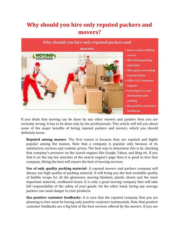 Why should you hire only reputed packers and movers?
