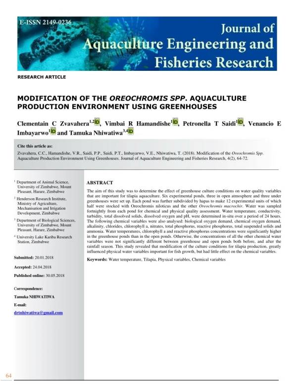 Modification of the oreochromis spp. Aquaculture production environment using greenhouses