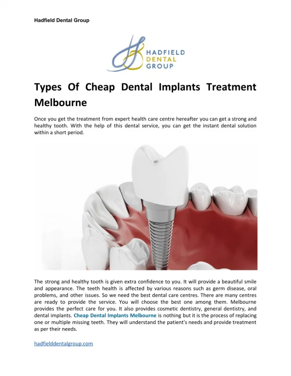 Types Of Cheap Dental Implants Treatment Melbourne