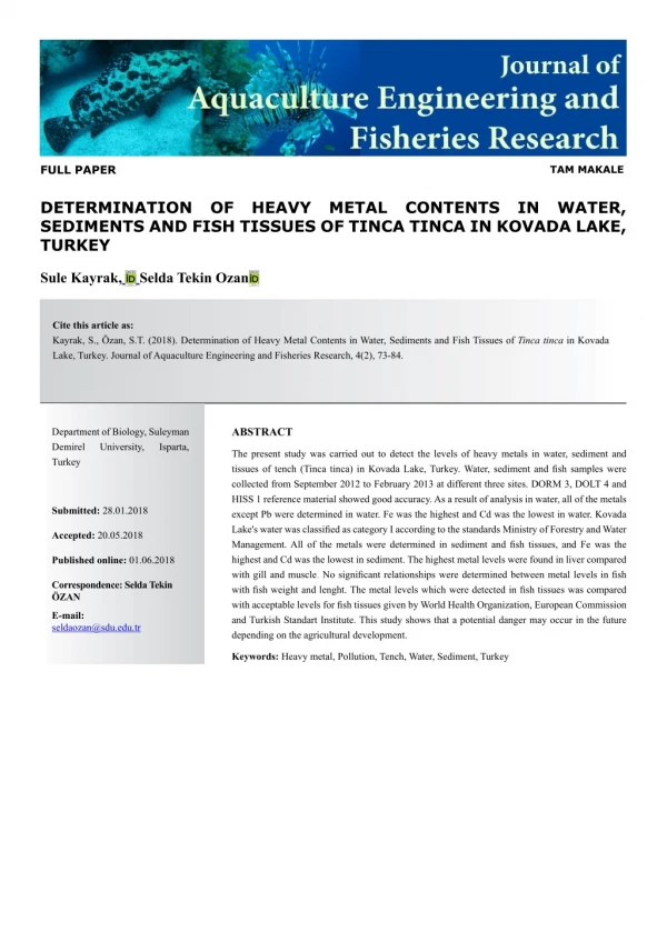 Determination of heavy metal contents in water, sediments and fish tissues of tinca tinca in kovada lake, turkey