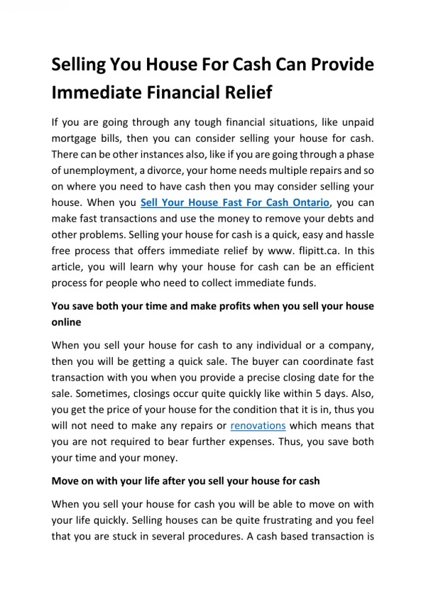 Selling You House for Cash Can Provide Immediate Financial Relief