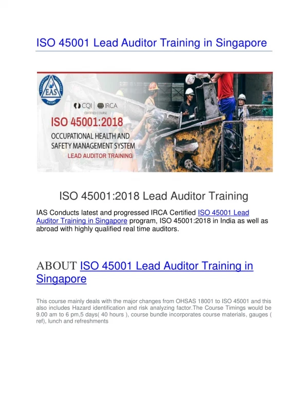 ISO 45001 Lead Auditor Training in Singapore |ISO 45001 Lead Auditor Course in Singapore |OHSMS Lead Auditor Training in