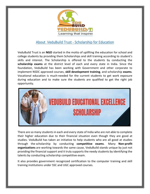 About VeduBuild Trust - Scholarship for Education