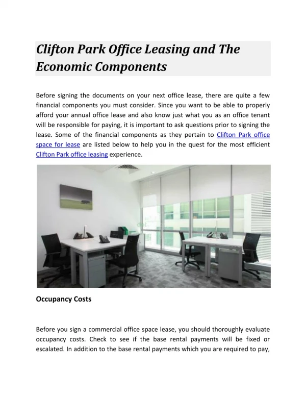 Clifton Park Office Leasing and The Economic Components