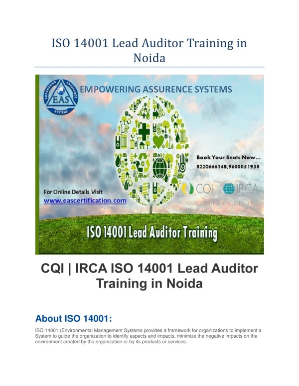 ISO 14001 Lead Auditor Course in Noida | ISO 14001 Lead Auditor Training in Noida |ISO 14001 Training in Noida