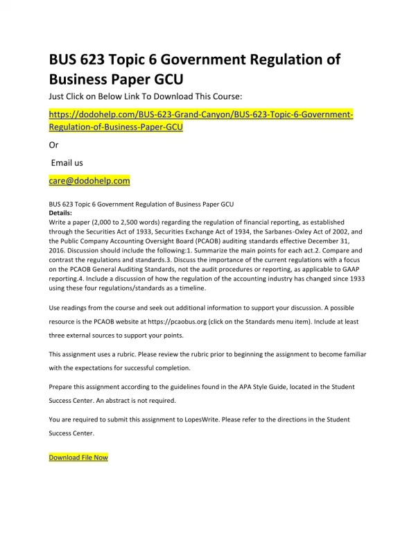 BUS 623 Topic 6 Government Regulation of Business Paper GCU