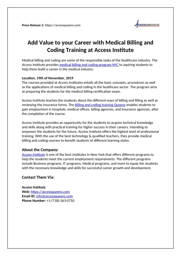 Add Value to your Career with Medical Billing and Coding Training at Access Institute