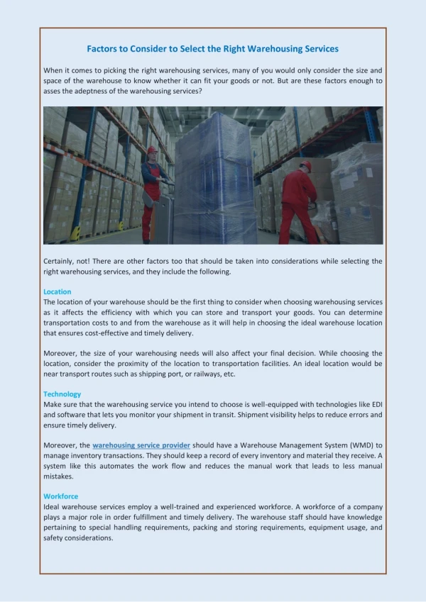 Factors to Consider to Select the Right Warehousing Services