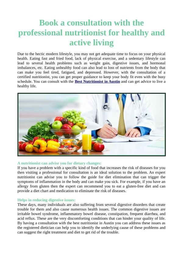 Book a consultation with the professional nutritionist for healthy and active living