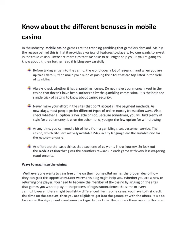 Know about the different bonuses in mobile casino