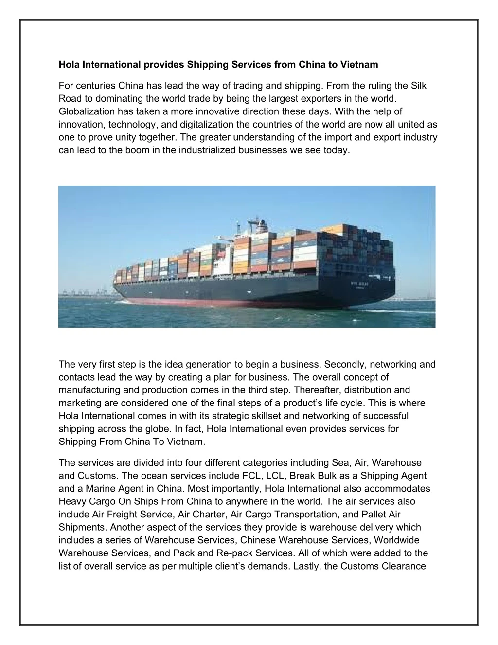 hola international provides shipping services