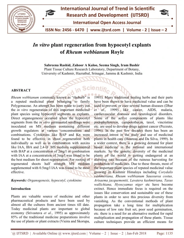 In vitro plant regeneration from hypocotyl explants of Rheum webbianum Royle