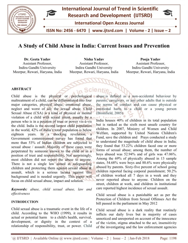 A Study of Child Abuse in India Current Issues and Prevention
