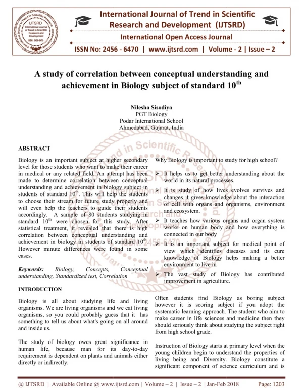 A study of correlation between conceptual understanding and achievement in Biology subject of standard 10th