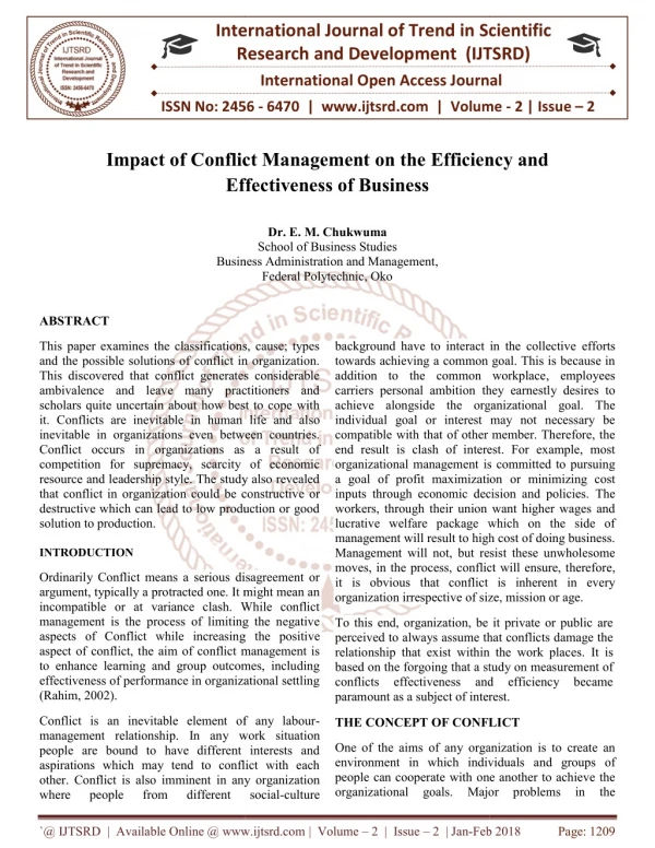 Impact of Conflict Management on the Efficiency and Effectiveness of Business