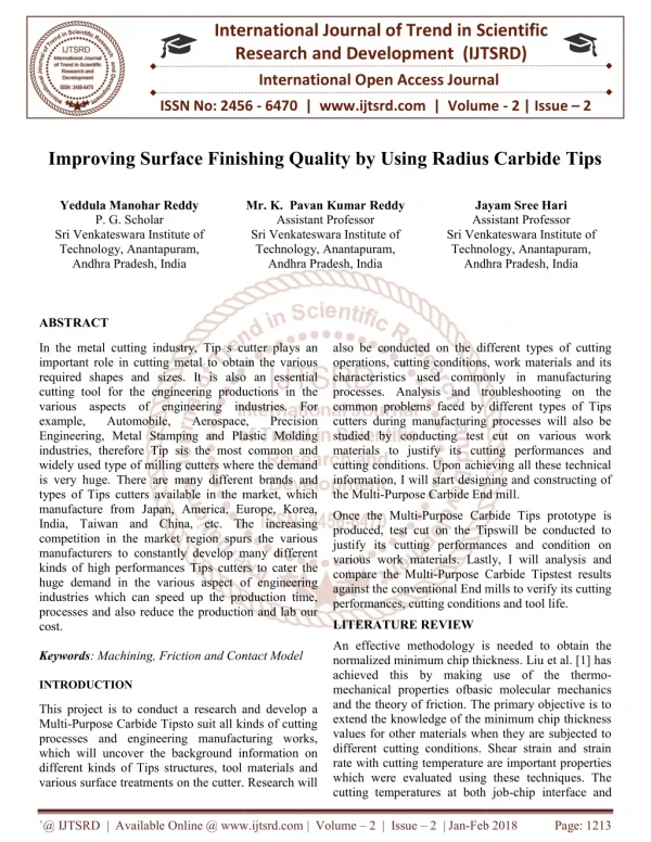 Improving Surface Finishing Quality by Using Radius Carbide Tips