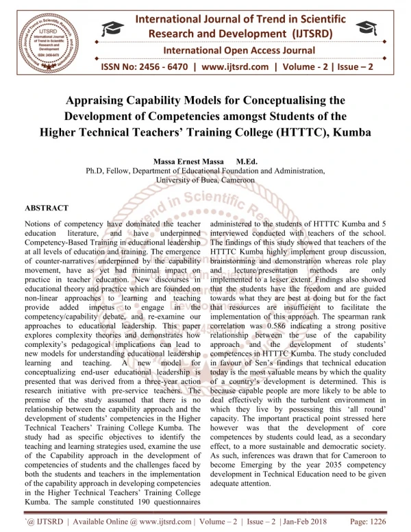 Appraising Capability Models for Conceptualising the Development of Competencies amongst Students of the Higher Technica