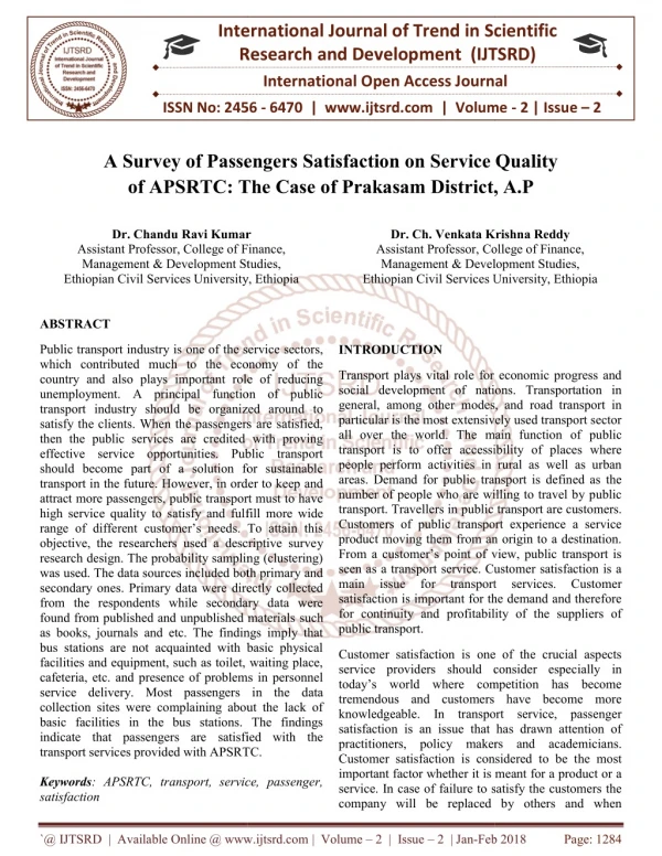 A Survey of Passengers Satisfaction on Service Quality of APSRTC The Case of Prakasam District, A.P