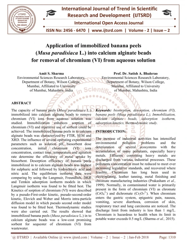 Application of immobilized banana peels Musa paradisiaca L. into calcium alginate beads for removal of chromium VI from