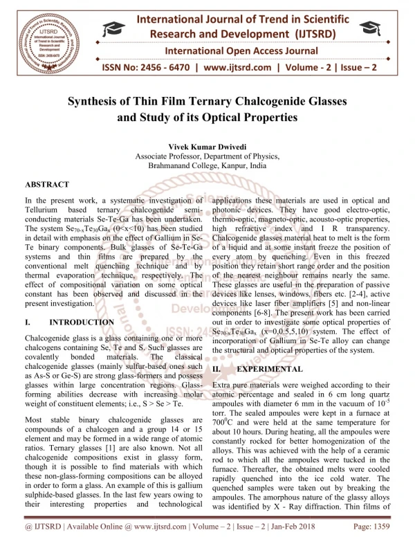 Synthesis of Thin Film Ternary Chalcogenide Glasses and Study of its Optical Properties