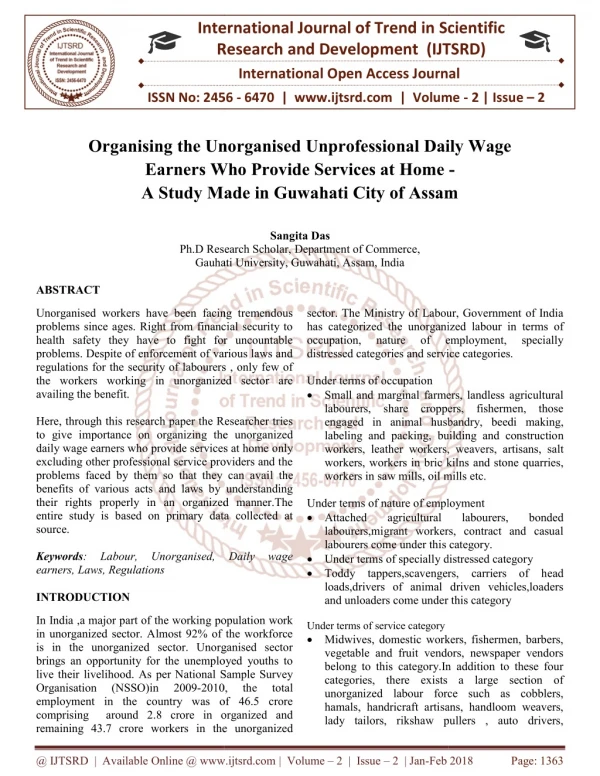Organising the Unorganised Unprofessional Daily Wage Earners Who Provide Services at Home A Study Made in Guwahati City