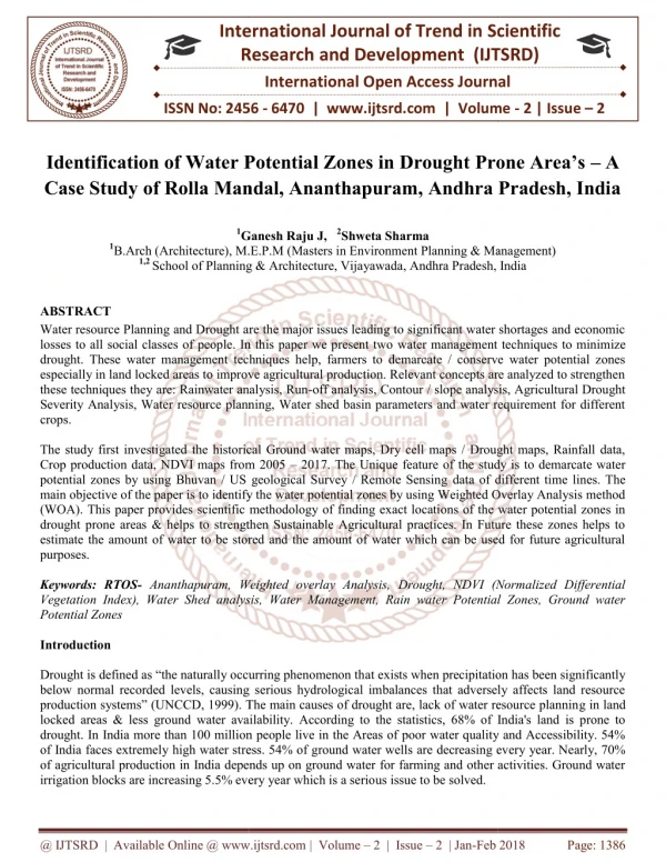 Identification of Water Potential Zones in Drought Prone Area's - A Case Study of Rolla Mandal, Ananthapuram, Andhra Pra