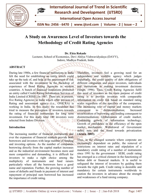 A Study on Awareness Level of Investors towards the Methodology of Credit Rating Agencies