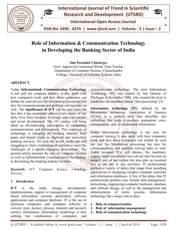 Role of Information and Communication Technology in Developing the Banking Sector of India