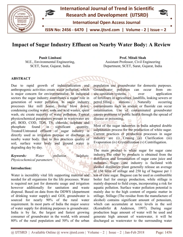 Impact of Sugar Industry Effluent on Nearby Water Body A Review