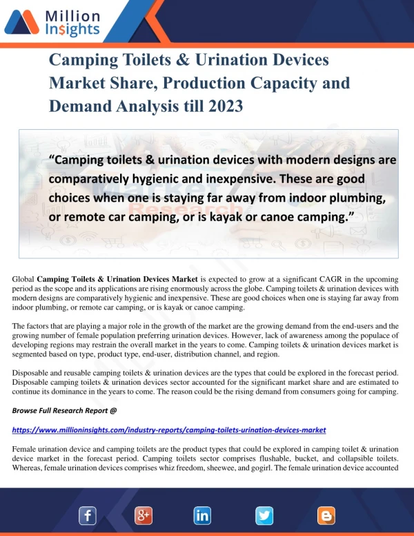 Camping Toilets & Urination Devices Market Share, Production Capacity and Demand Analysis till 2023