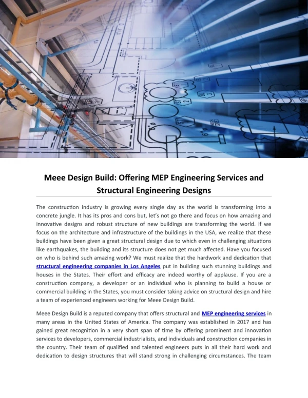 Meee Design Build: Offering MEP Engineering Services and Structural Engineering Designs