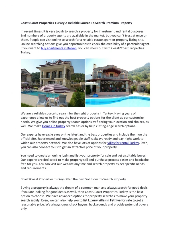 Coast2Coast Properties Turkey A Reliable Source To Search Premium Property