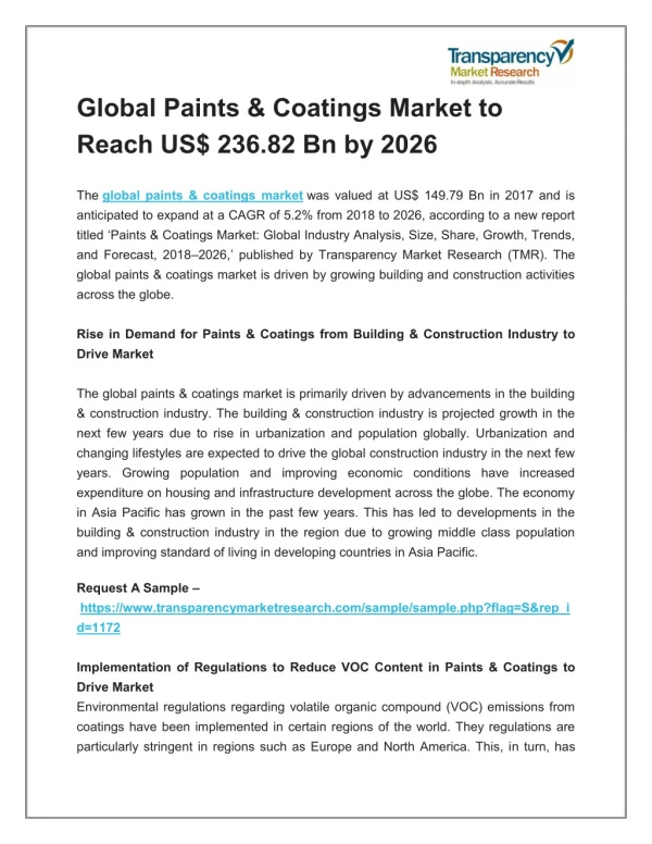 Global Paints & Coatings Market to Reach US$ 236.82 Bn by 2026