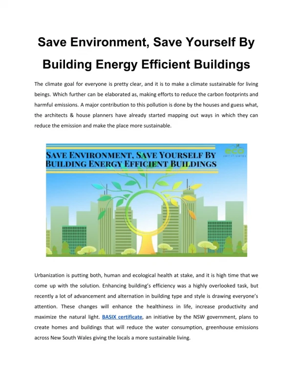 Save Environment, Save Yourself By Building Energy Efficient Buildings