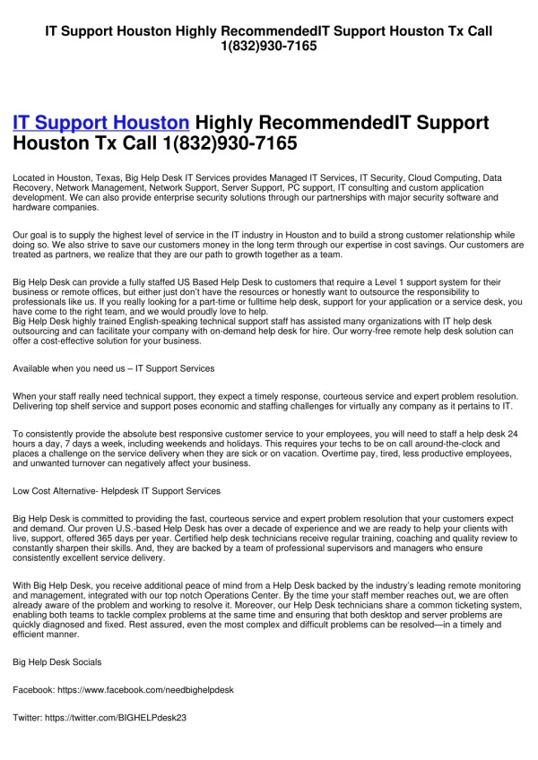 IT Support Houston Highly RecommendedIT Support Houston Tx Call 1(832)930-7165