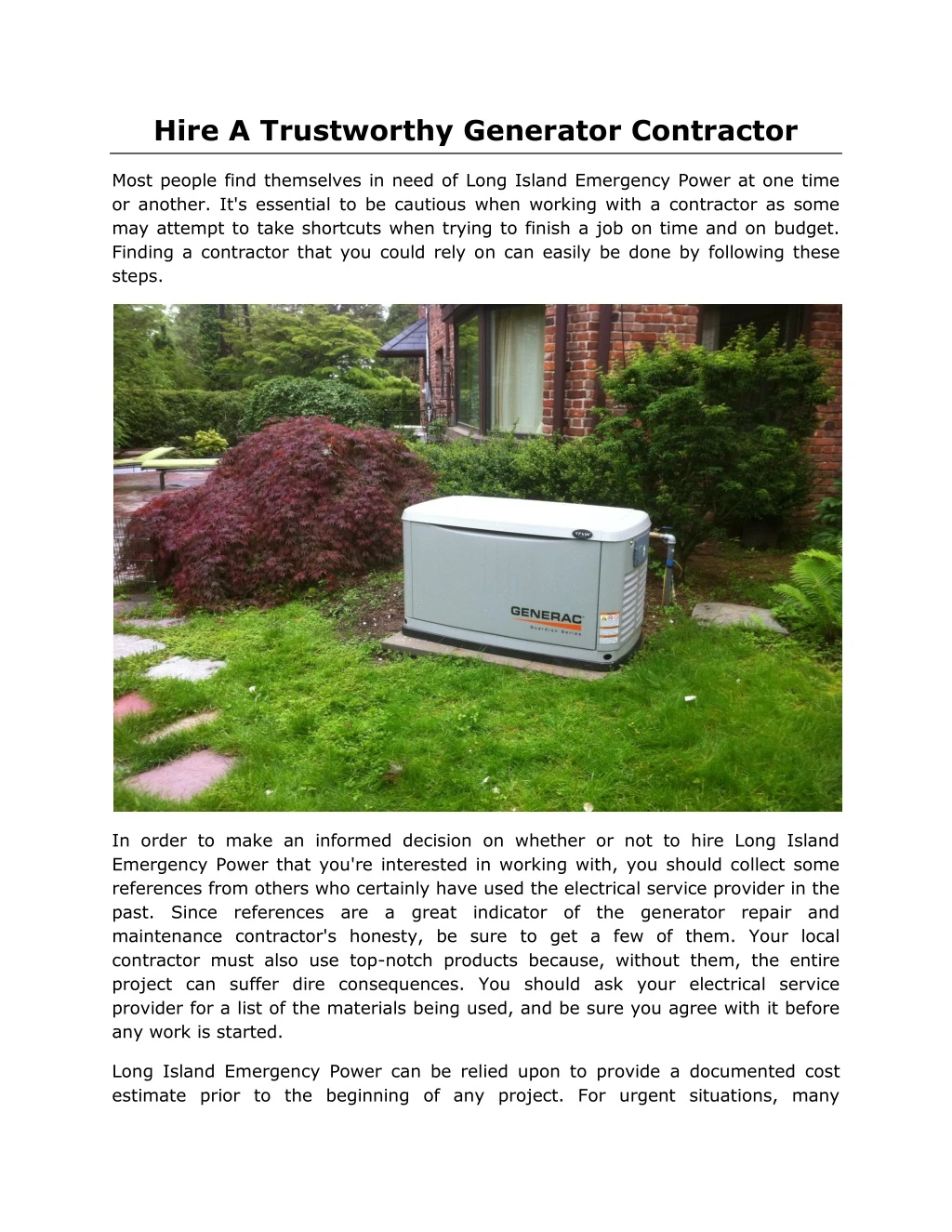 hire a trustworthy generator contractor