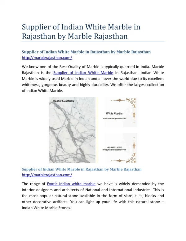 Supplier of Indian White Marble in Rajasthan by Marble Rajasthan