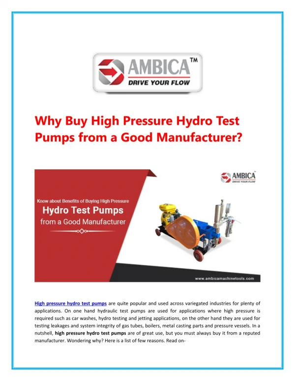 why buy high pressure hydro test pumps from