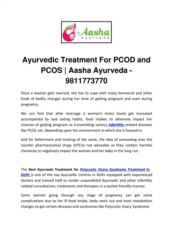 Ayurvedic Treatment For PCOD and PCOS | Aasha Ayurveda - 9811773770