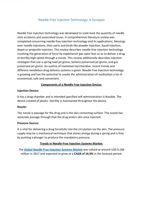 needle free injection technology a synopsis