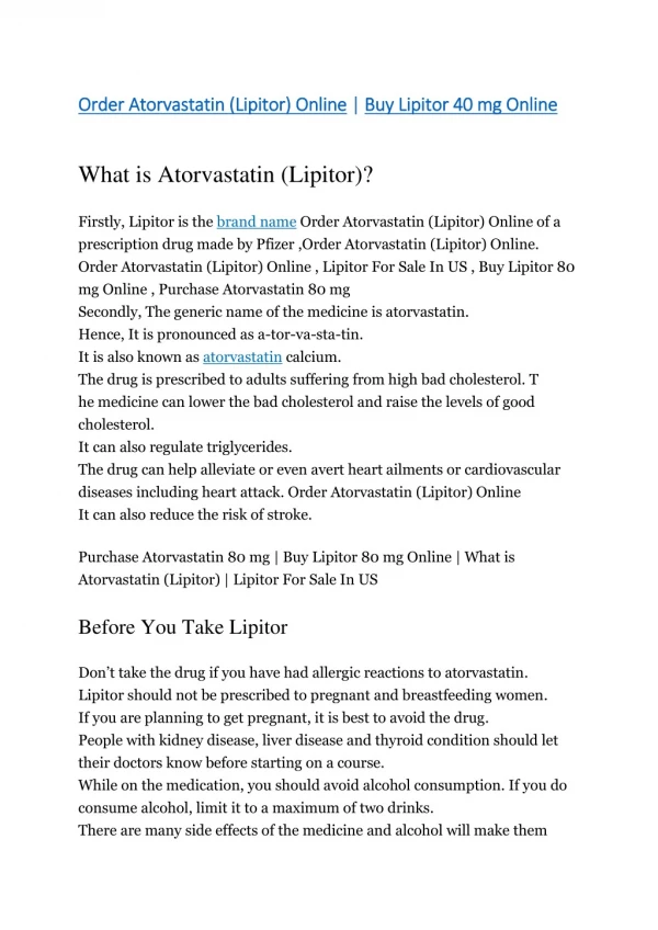 Order Atorvastatin (Lipitor) Online | Buy Lipitor 40 mg Online