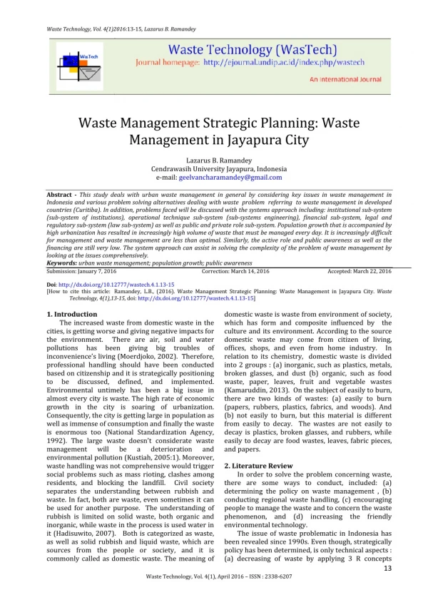 WASTE MANAGEMENT STRATEGIC PLANNING (Waste Management In Jayapura City)