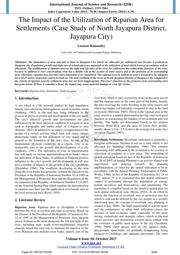 The Impact of the Utilization of Riparian Area for Settlements (Case Study of North Jayapura District, Jayapura City)