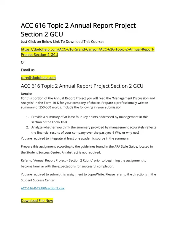 ACC 616 Topic 2 Annual Report Project Section 2 GCU